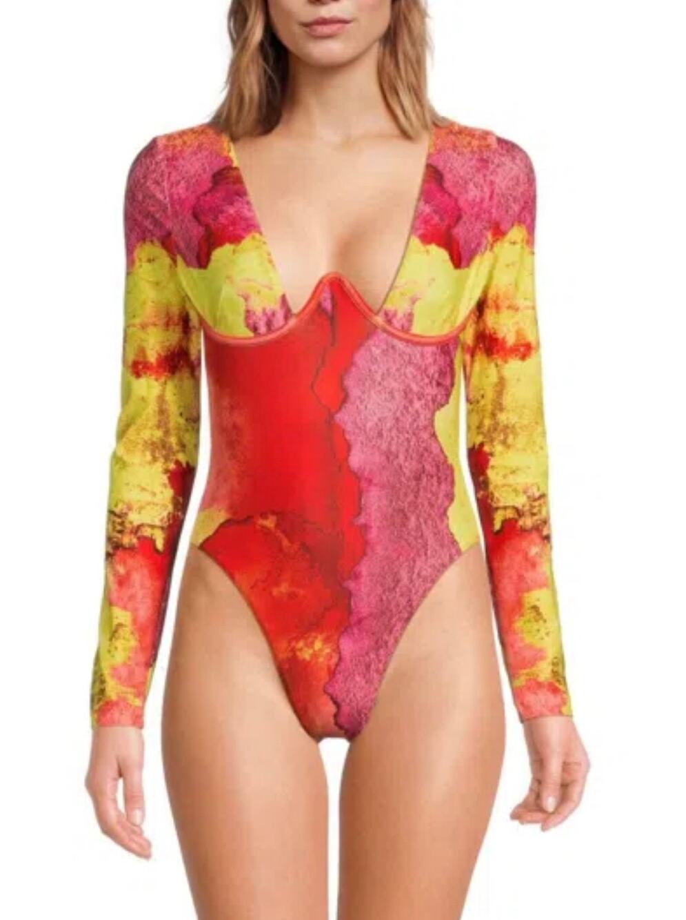 NWT Andrea Iyamah Amar Long Sleeve Cutout One-Piece Swimsuit XS Vibra Print